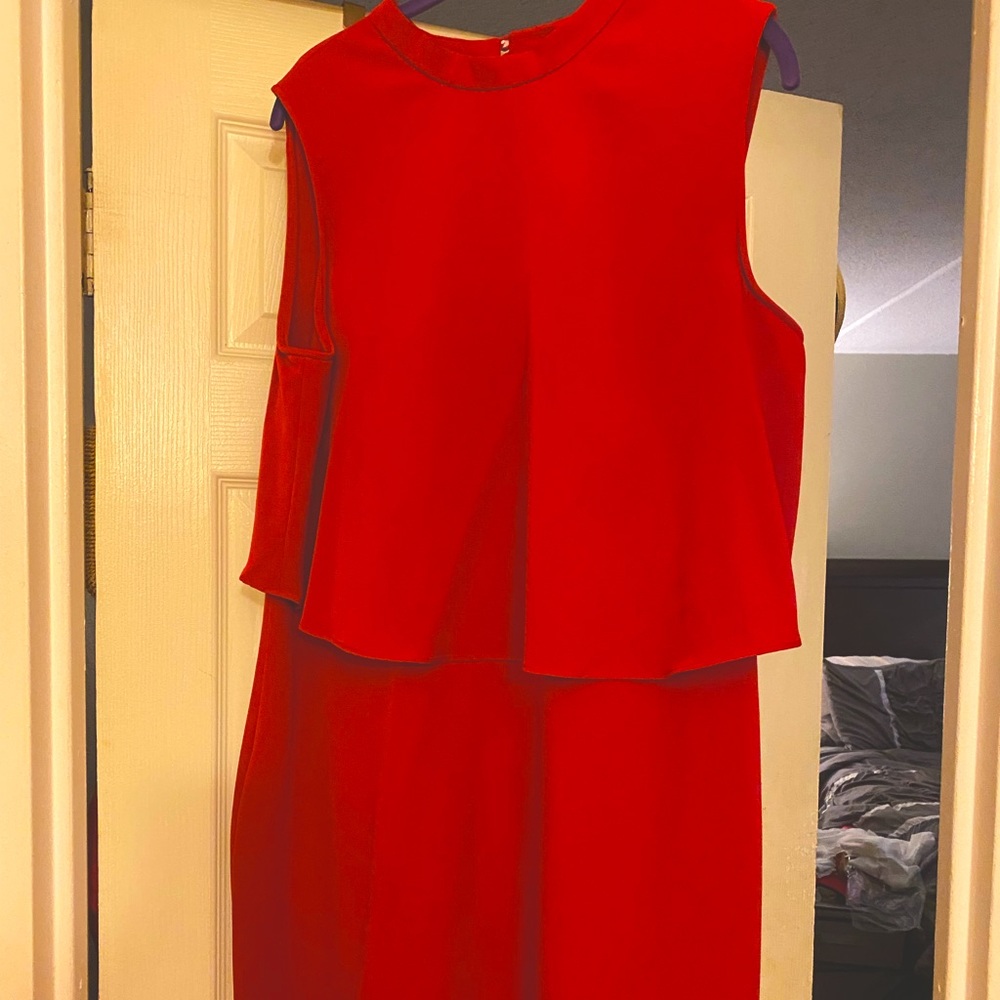 Red sleeveless Cape Dress. Rayon stretch blend. Work to after work. Presentation